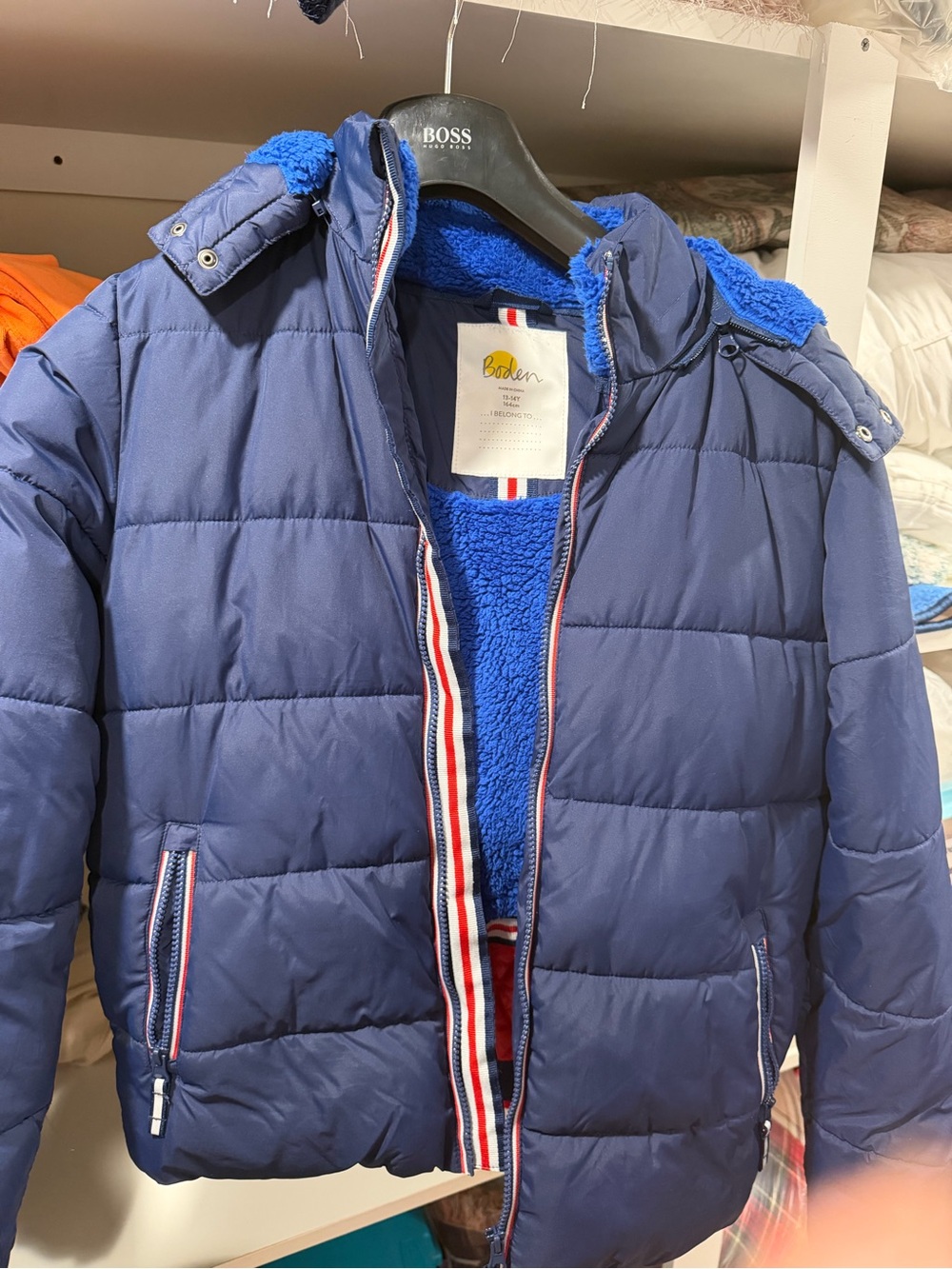 Mini Boden Navy Puffer Jacket with Bright Blue Sherpa Lining